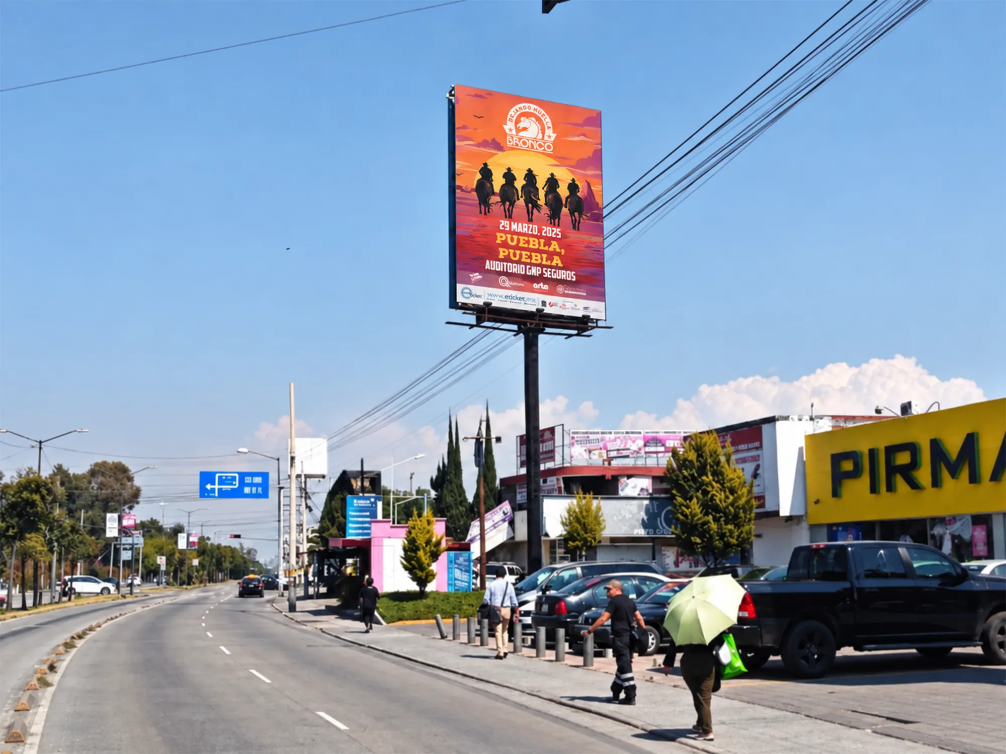 Espectacular de gran formato sobre poste, junto a una avenida con comercios