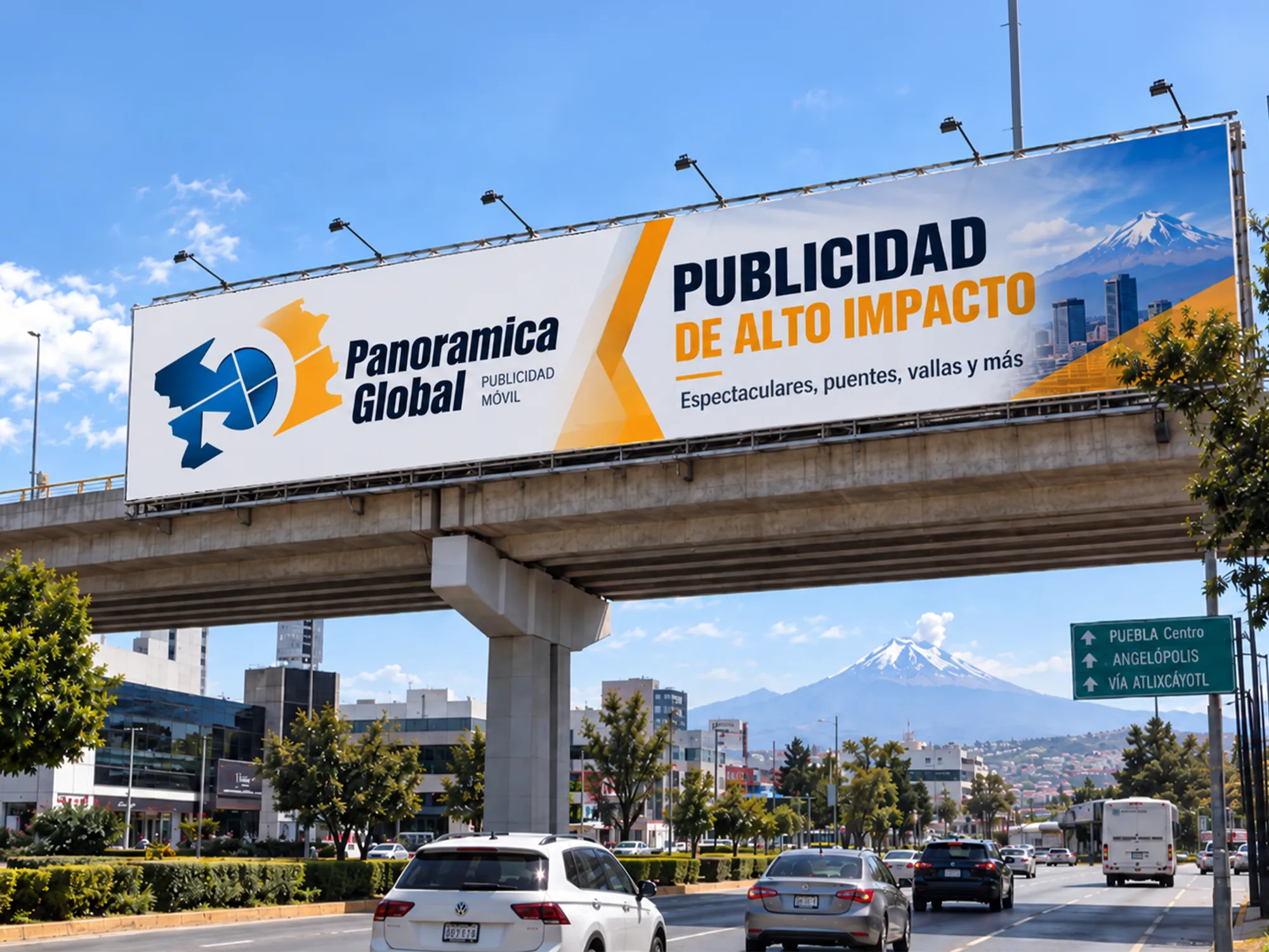 Espectacular de gran formato sobre un puente elevado, junto a la señalización de una avenida